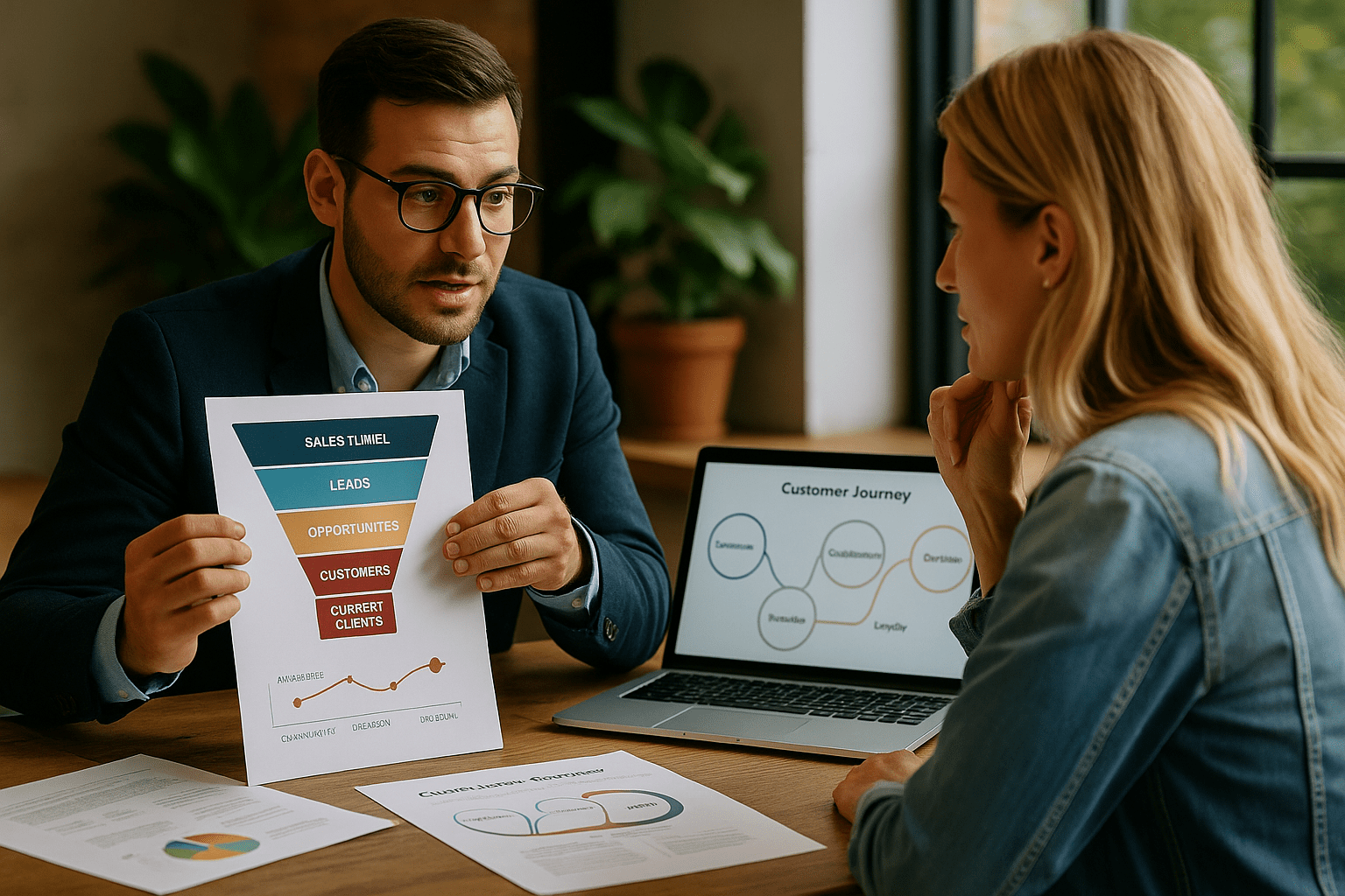 Equipe reunida discutindo funis de conversão e jornada do cliente em ambiente de trabalho colaborativo